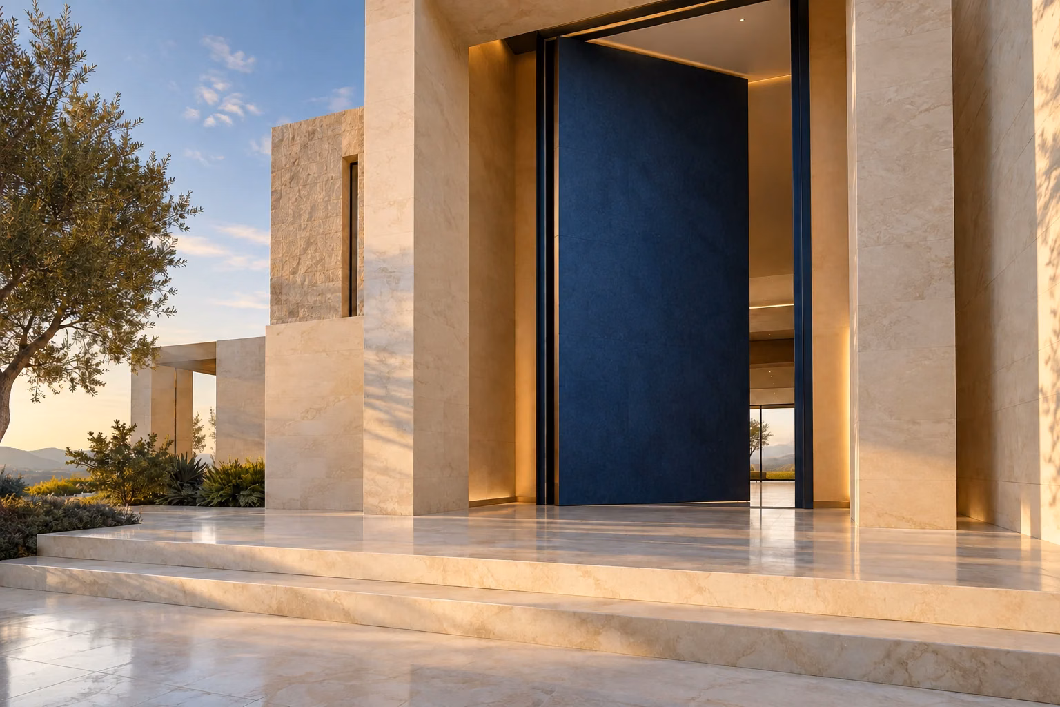 Acceso arquitectónico conceptual con una gran puerta azul, herraje integrado y piedra natural de gran formato