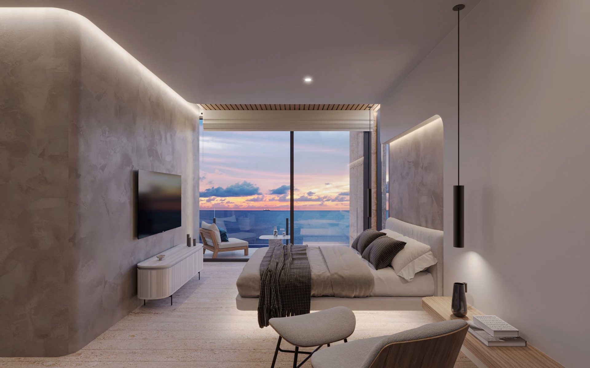 Interior de residencia y vista al mar