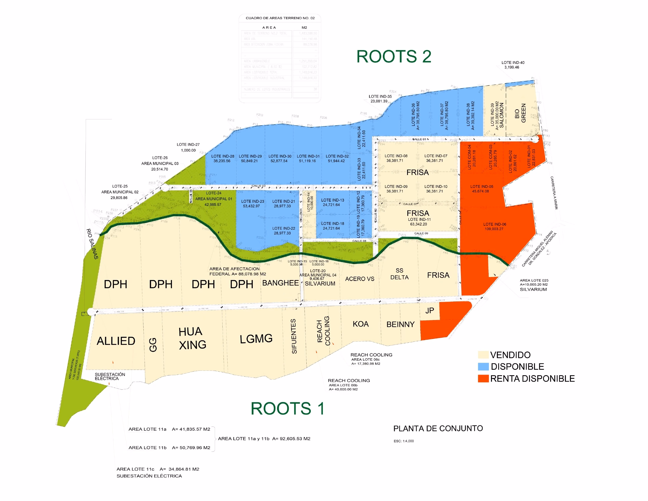 Plano general de ROOTS 1 y ROOTS 2 con lotes y vialidades