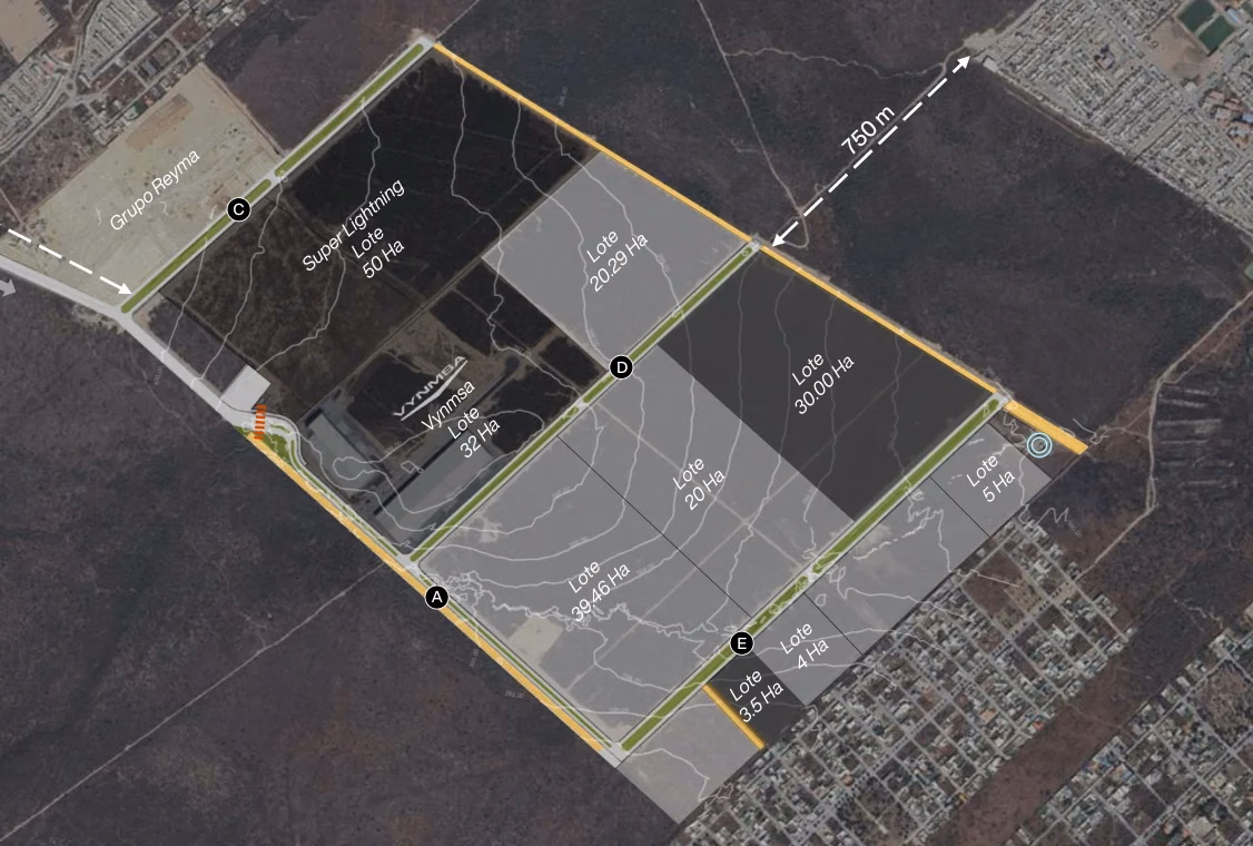 Plano de lotes, macrolotes, vialidades y acceso de Terra Regia Industrial ADN