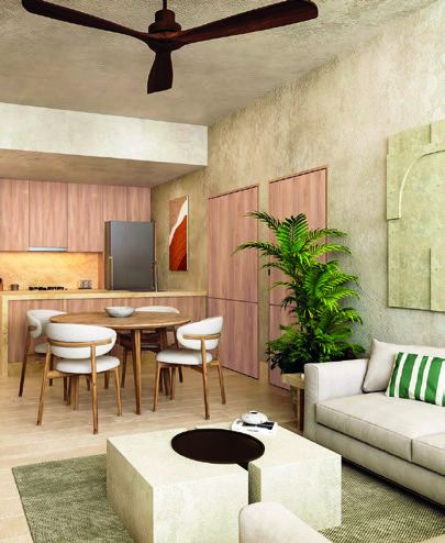 Sala, comedor y cocina de una residencia Punta Laguna