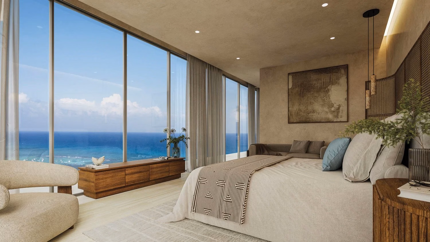 Recámara principal con vista hacia el Caribe en Viceroy
